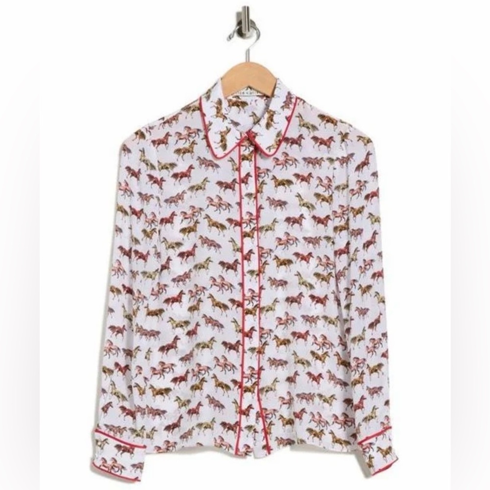 NWT- Alice + Olivia Women's Blue Willa Placket Silk Top Size S